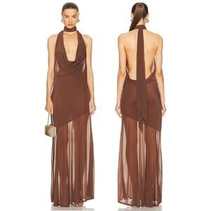 LPA Estelle Maxi Dress Draped Halter Sheer Chiffon Formal Gala Chocolate Small